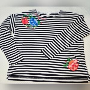 H&M L.O.G.G. Striped Long Sleeve Top with Floral Embroidery "LA BOTANIQUE"